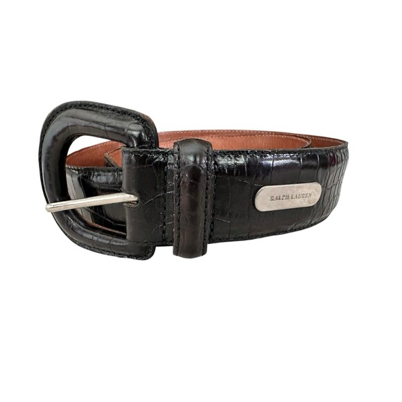 Vintage Ralph Lauren Main Label Black Faux Reptile Embossed Leather Belt - Picture 1 of 7